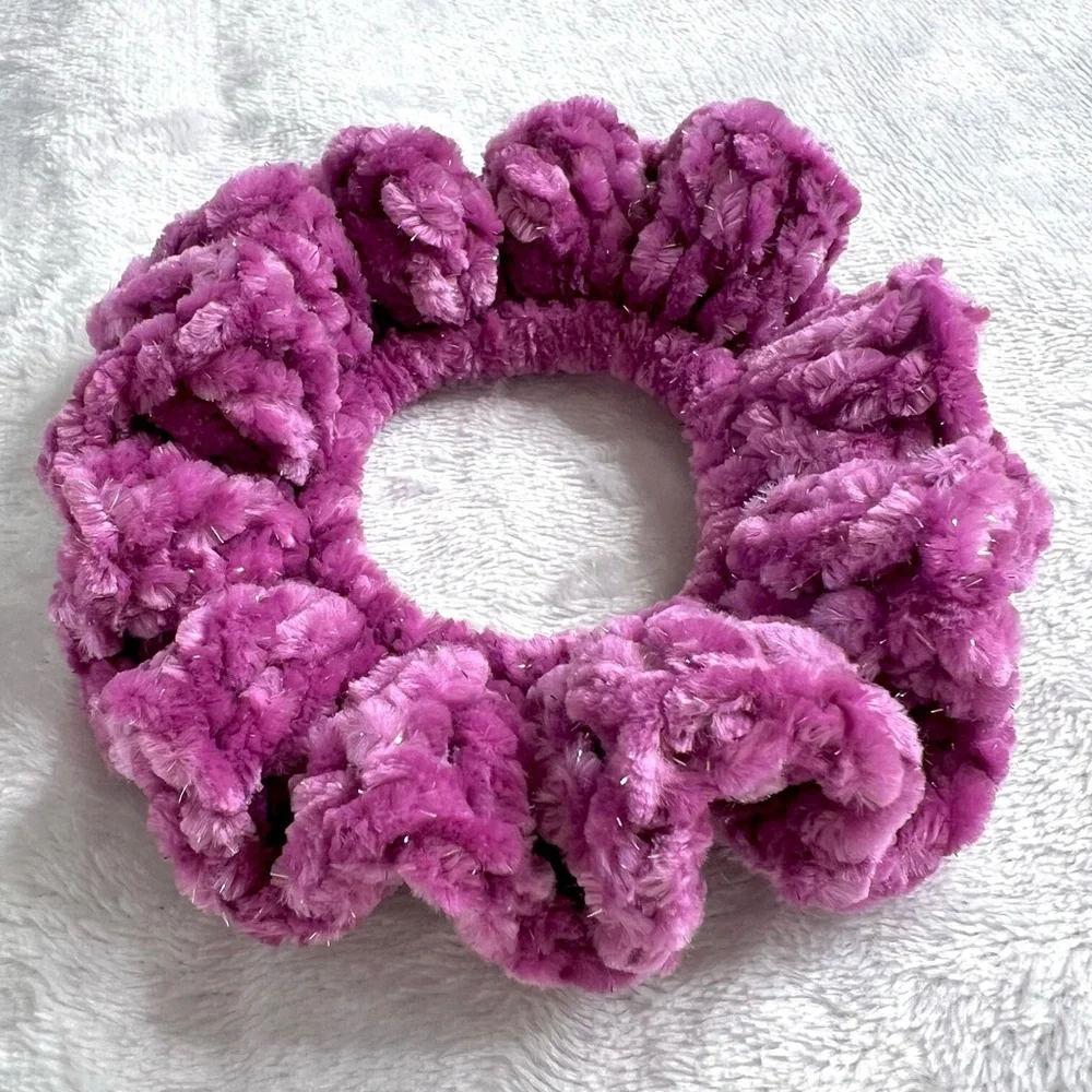 Handmade Crochet VELVET Luxe Pinkish Purple Hair Scrunchie PinkRainCloud